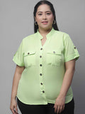 Flambeur Women's Plus Size Solid Green Half Sleeve Casual Shirt